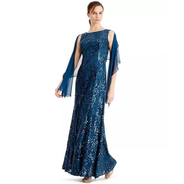 Alex Evenings Women's Sequined Gown & Shawl Blue Size 16