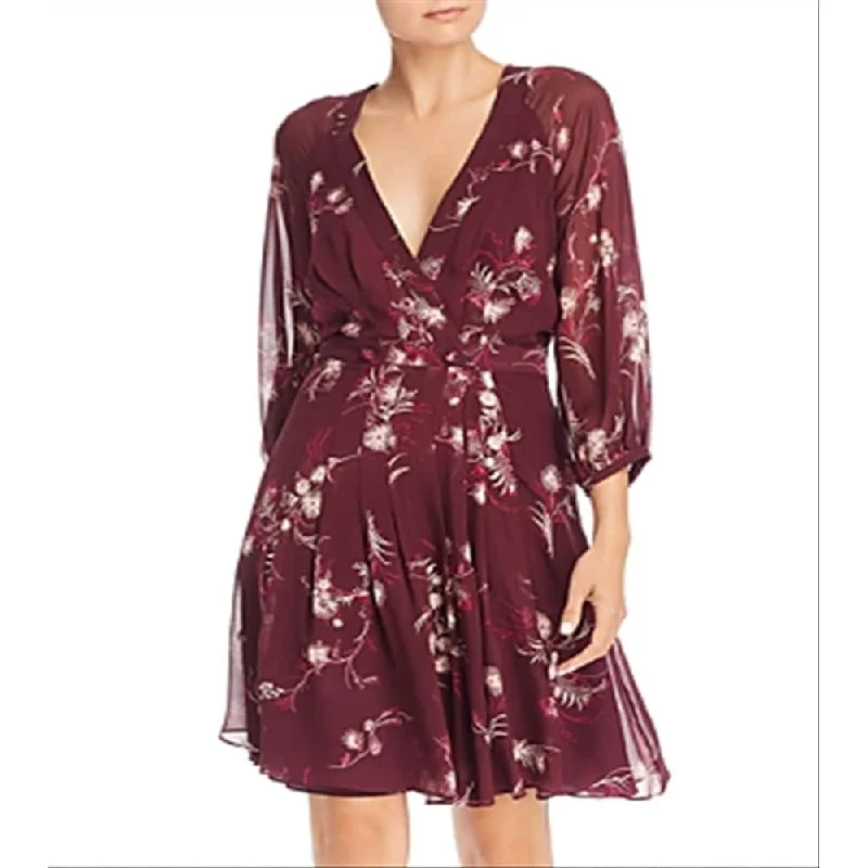 Joie Women's Printed 3/4 Sleeve V Neck Above The Knee Trapeze Evening Dress Maroon Size 8