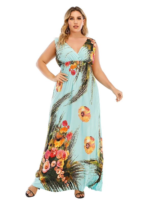 KittenAlarm - Plus Size Surplice Neck Smocked Waist Maxi Dress