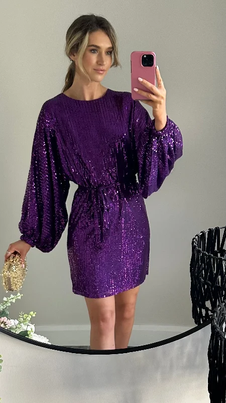 Alyona Purple Sequin Wide Sleeve Mini Dress