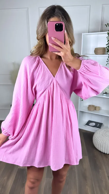 Aurora Pink V Neckline Wide Sleeve Mini Dress