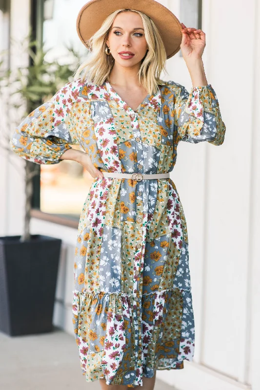 Best Of The Best Gray Mixed Print Midi Dress