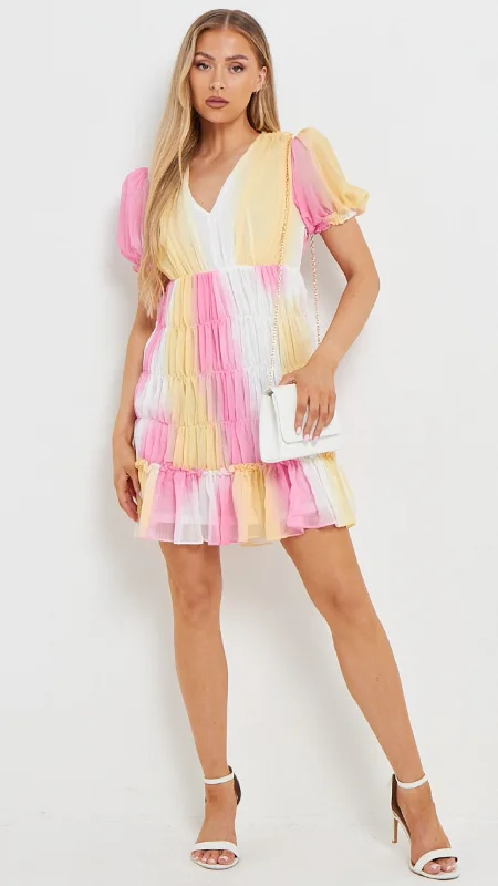 Campbell Pink & Yellow Puff Sleeve Mini Dress