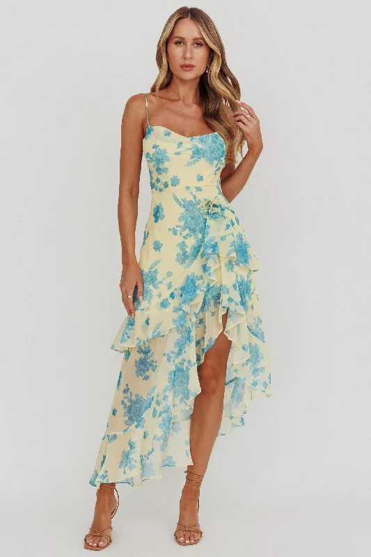 Chances Rosette Ruffle Midi Dress Floral Lemon