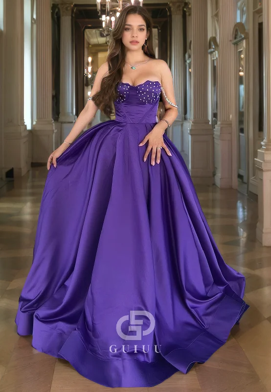 A-Line Strapless Sleeveless Beaded Long Prom Dress