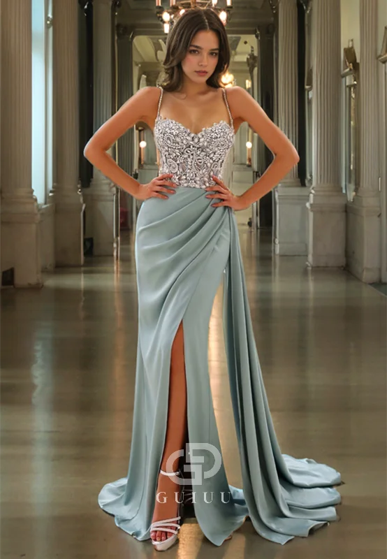 Sheath Strapless Straps Sleeveless Beaded Long Prom Dress with High Side Slit and Train