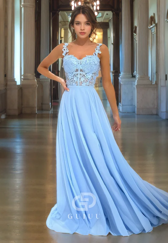 A-Line Strapless Sleeveless Straps Appliques Long Prom Dress with Train