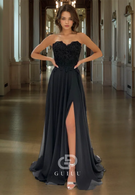 A-Line Strapless Sleeveless Appliques Long Black Prom Dress with High Side Slit