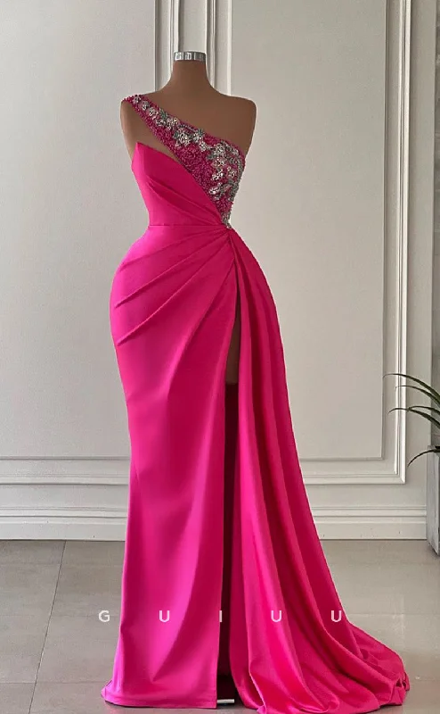 G3457 - Chic & Modern Sheath One Shoulder Beaded Draped High Side Slit Floor-Length Gown Prom Dress