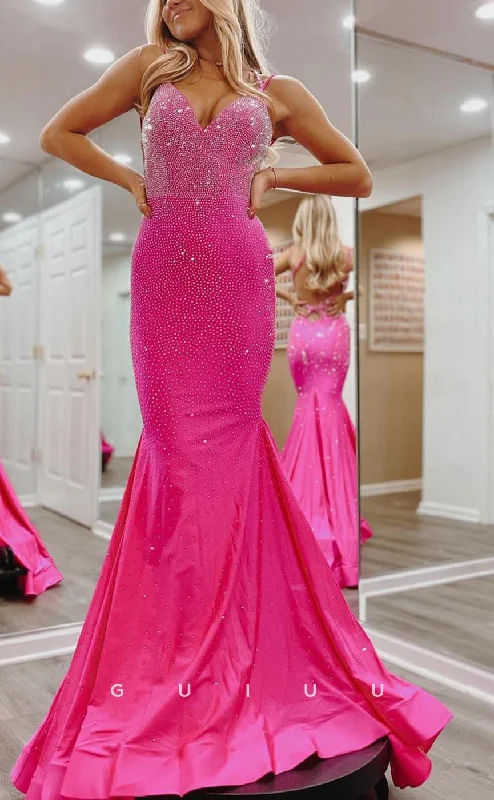 G3767 - Chic & Modern Trumpet V-Neck Straps Beaded Long Party Ballgown Prom Dress