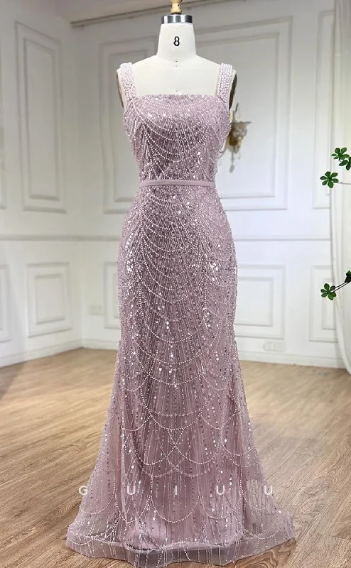 G3804 -Mermaid Square Straps Sleeveless Fully Beaded Back Zipper Long Prom Evening Dress