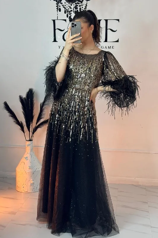 Evening Poem Sequin Feather Maxi Dress