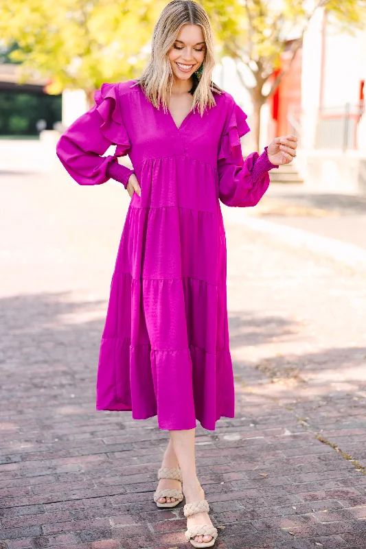 Feeling The Fun Magenta Purple Ruffled Midi Dress