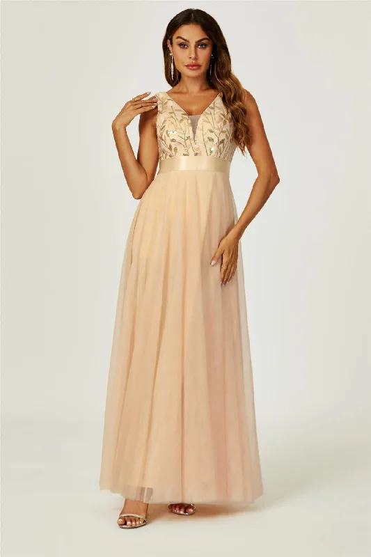 FS Collection Sequin Top V Neck Bridesmaid Maxi Dress In Gold