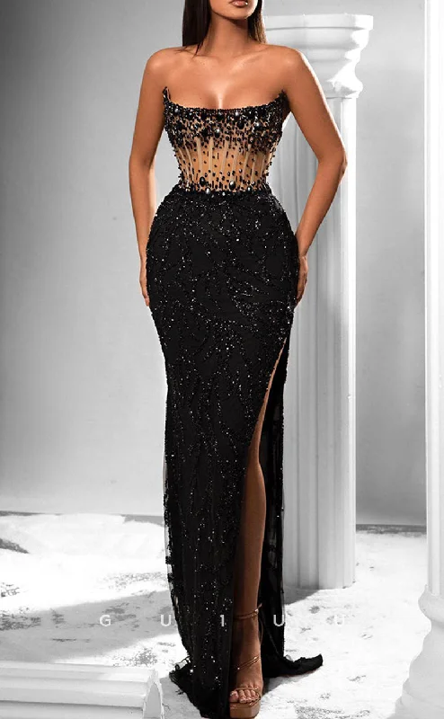 G2665 - Sexy & Fitted Black Strapless Beaded Sheer Long Prom Evening Party Dress