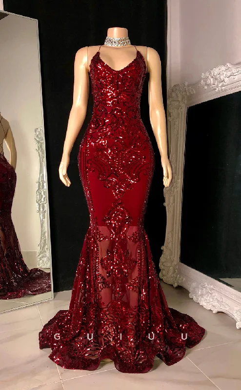 G2758 - Sexy & Sheath Glitter V-Neck Sequins Sheer Straps Long Prom Evening Dress