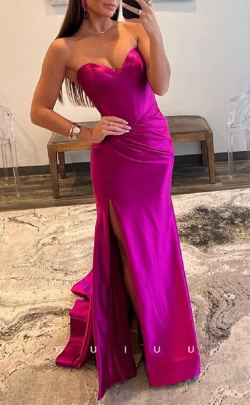 G2785 - Sexy & Fitted Strapless Ruched Satin Long Prom Evening Dress