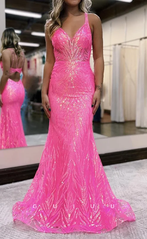 G2987 - Chic & Modern Memid V-Neck Sequind Pink Long Formal Prom Dress