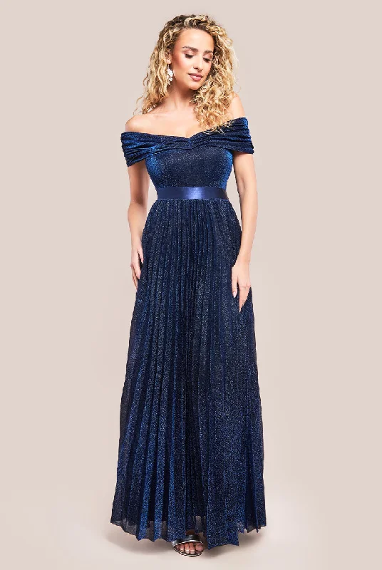 Goddiva Bardot Pleated Skirt Maxi Dress - Navy