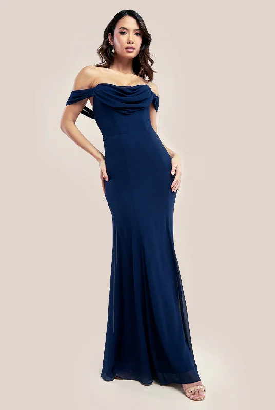 Goddiva Chiffon Bardot Cowl Neck Maxi Dress - Navy