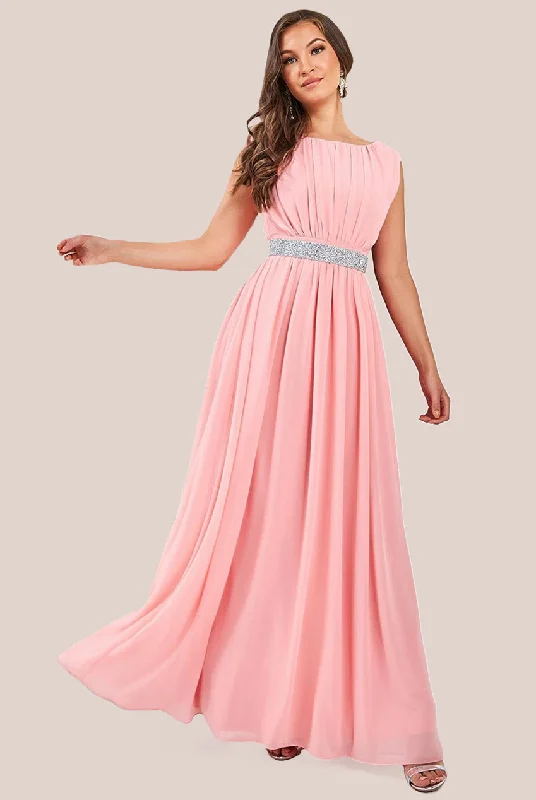 Goddiva Chiffon Maxi With Embellished Belt - Peach