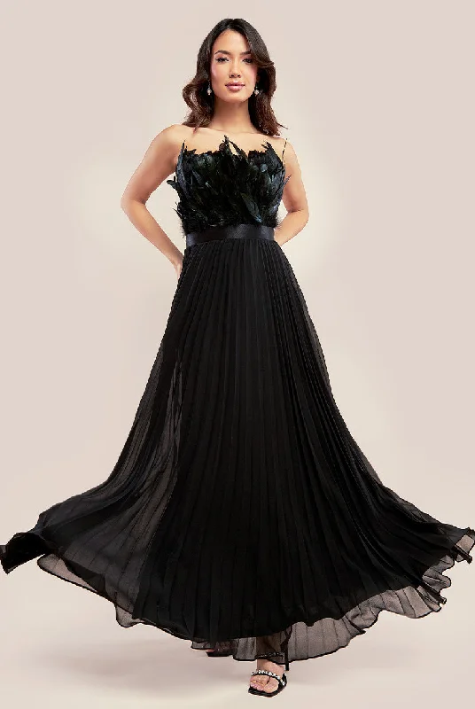 Goddiva Feather Off The Shoulder Pleated Evening Maxi Dress - Black