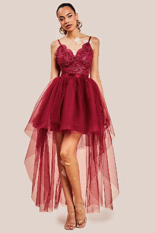 Goddiva High Low Tulle Mini With Lace Bodice - Wine