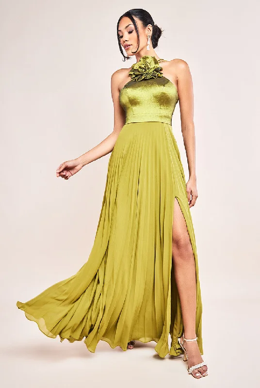 Goddiva Pleated Chiffon Corsage Halter Strappy Maxi Dress - Olive Green