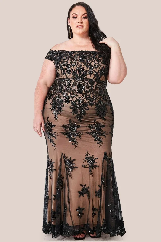 Goddiva Plus Bardot Sequin Embroidered Maxi - Black