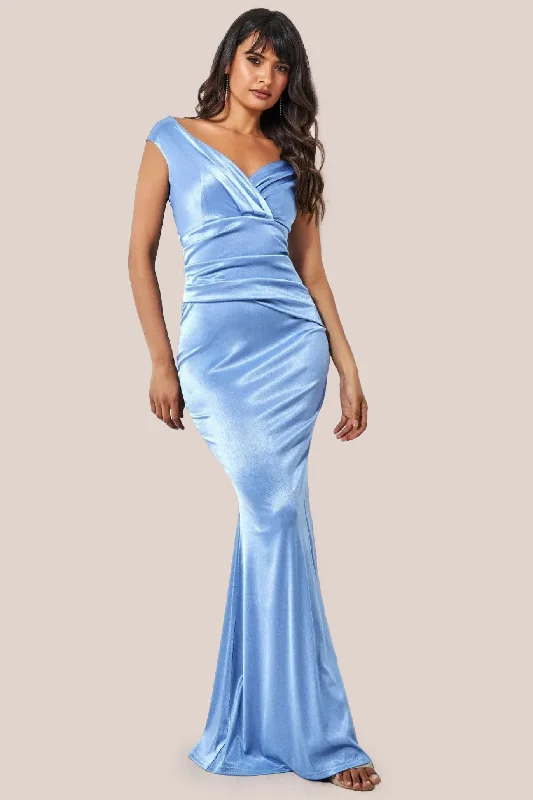 Goddiva Satin Off The Shoulder Maxi Dress - Dusty Blue