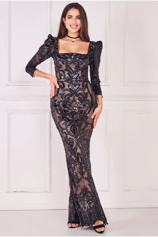 Goddiva Square Neck Scalloped Lace Maxi - Black