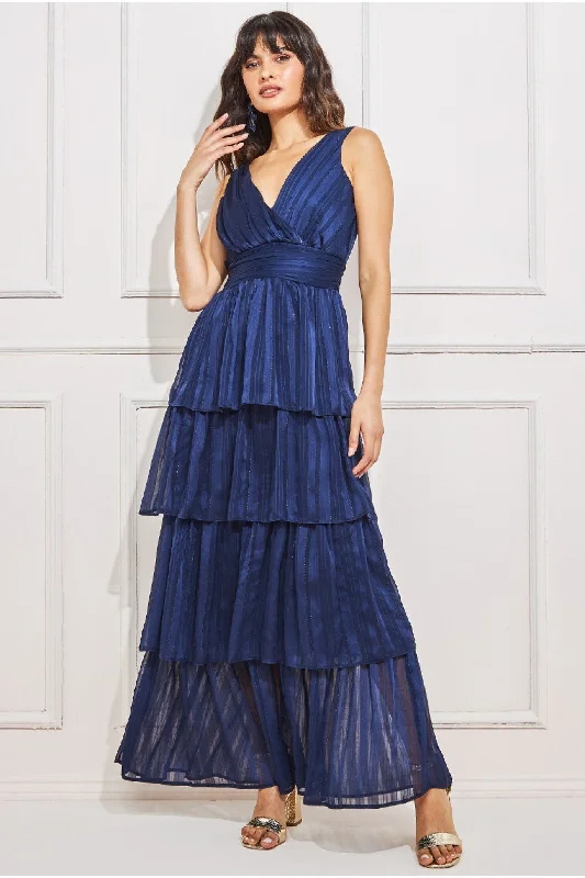 Goddiva Tiered Chiffon Maxi Dress - Navy