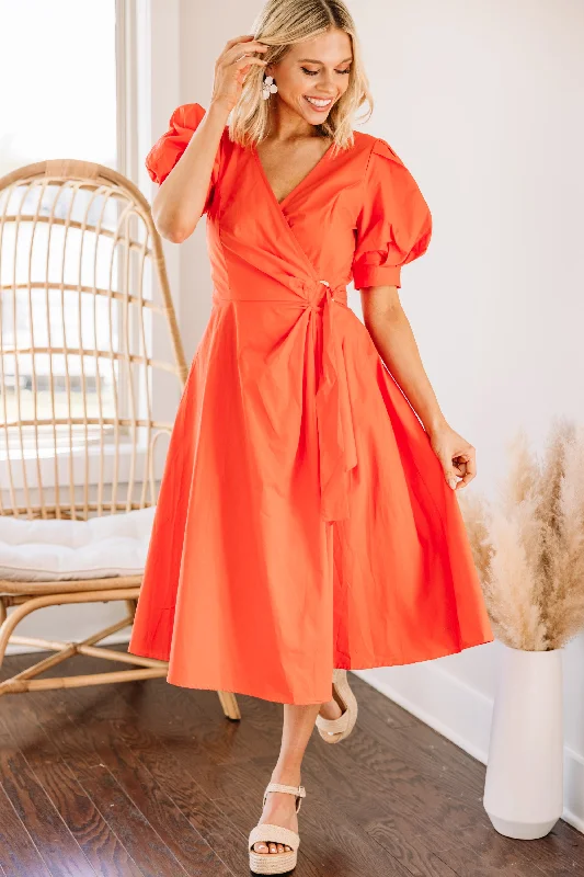 I've Got A Feeling Orange Puff Sleeve Midi Dress