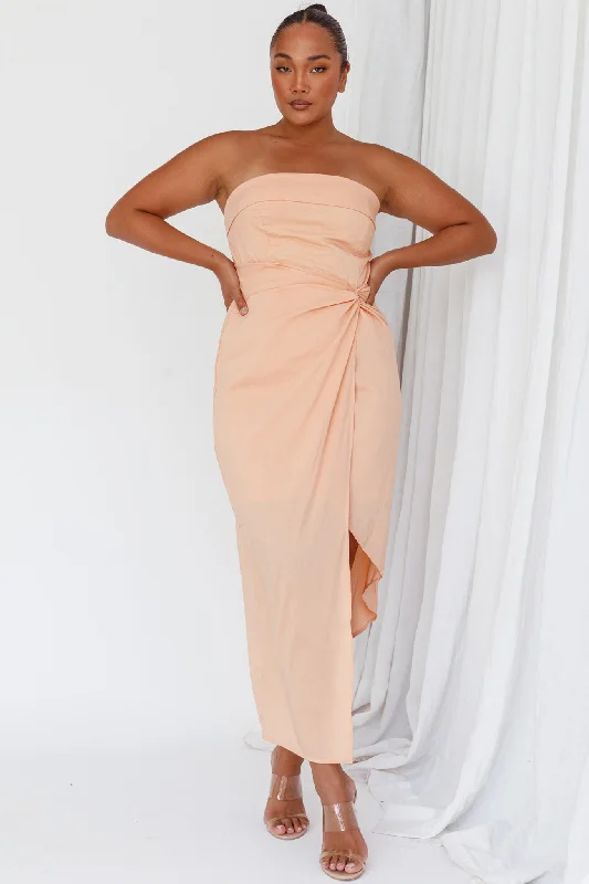 Last Looks Strapless Wrap Midi Dress Peach