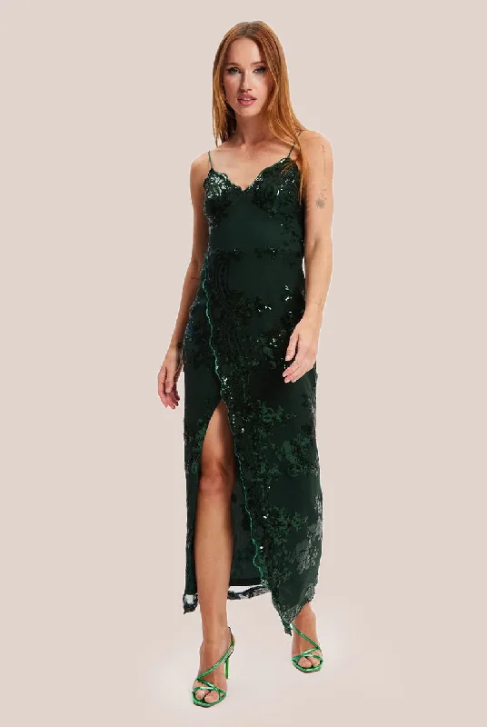 Liquorish Forest Green Sequin Maxi Dress With Long Slit