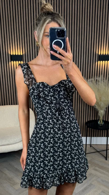 Maela Black Printed Sweetheart Neck Mini Dress