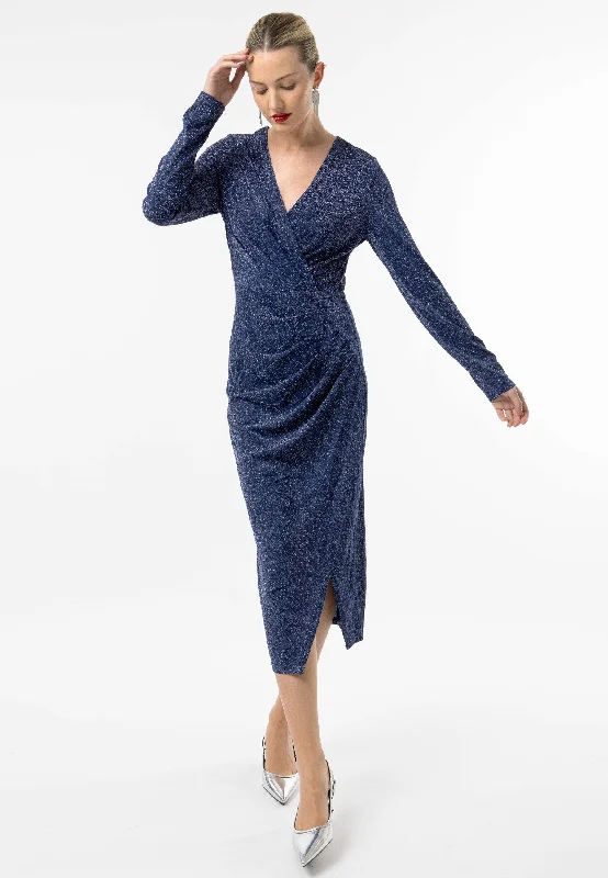 Metallic Long Sleeve Faux Wrap Midi Dress in Navy Silver