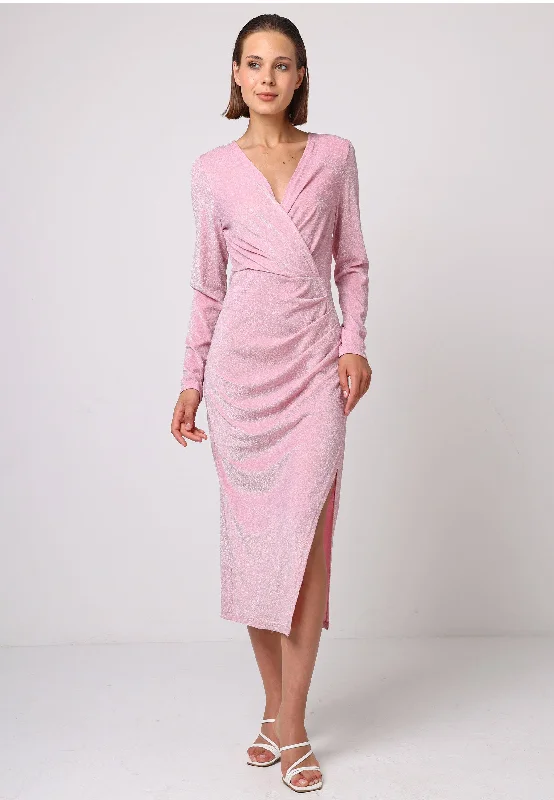 Metallic Long Sleeve Faux Wrap Midi Dress in Pink