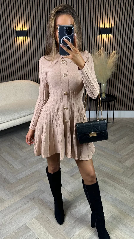 Nessa Beige Button Down Collared Knit Mini Dress