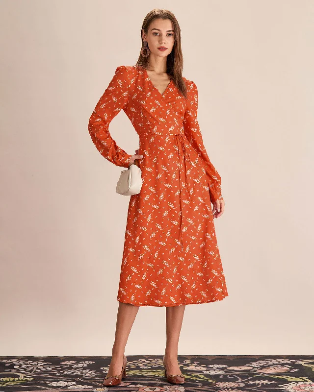 Orange Floral Wrap Midi Dress