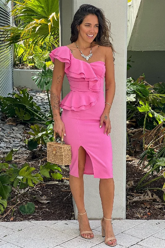 Pink One Shoulder Ruffles Midi Dress