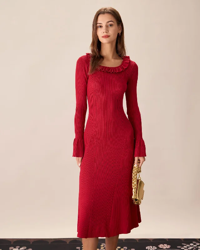 Red Round Neck Ruffle Sweater Dress