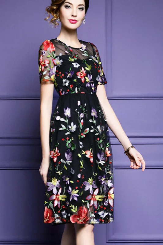 Short Sleeve Embroidered Midi Dress