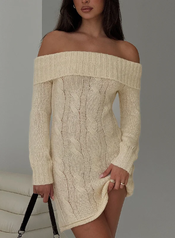 Snow Angel Off Shoulder Knit Jumper Mini Dress Cream