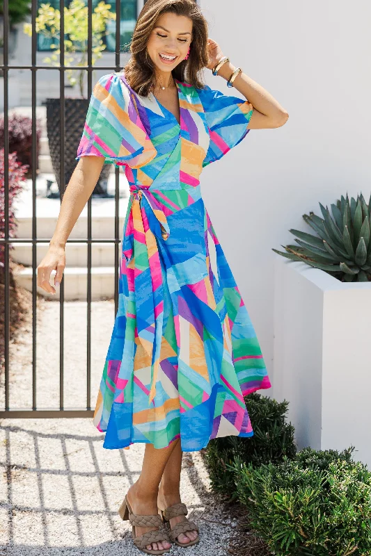 Story To Tell Blue Abstract Midi Dress