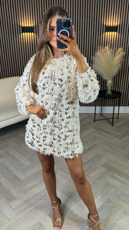 Sydney Beige Tassel Sequin Long Sleeve Mini Dress