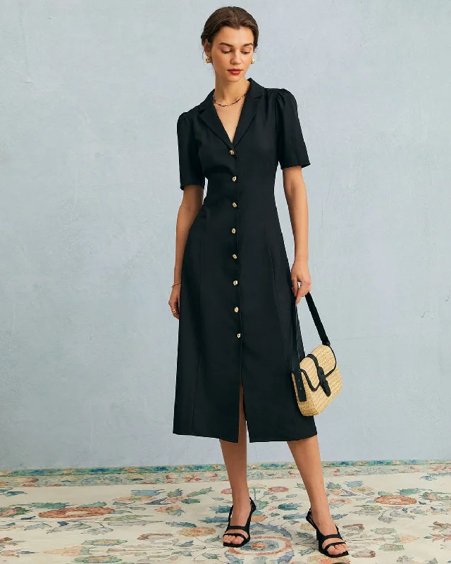 The Black V Neck Button Puff Sleeve Midi Dress