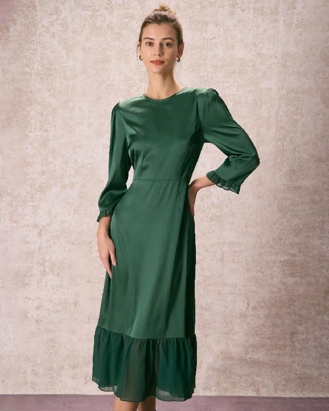 The Green Spliced Ruffle Poet Sleeve Midi Dress