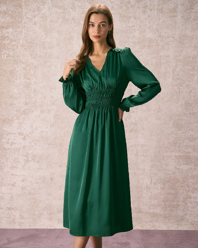 The Green V Neck Ruched Satin Midi Dress