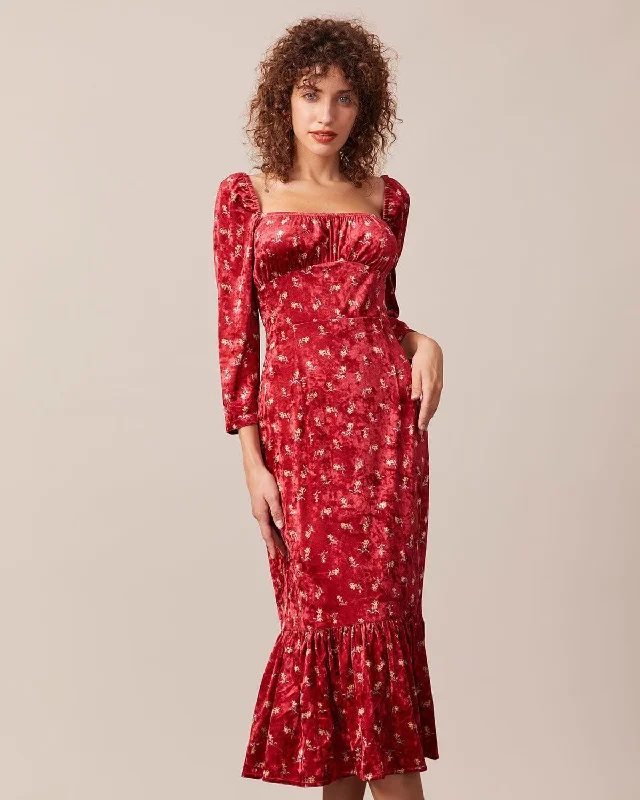 The Red Square Neck Floral Velvet Midi Dress